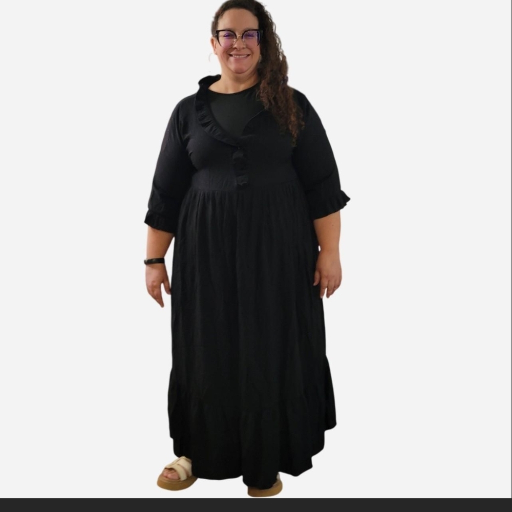 Zanzea Black Smocked Maxi Dress with Cuffed 3/4 Sleeves